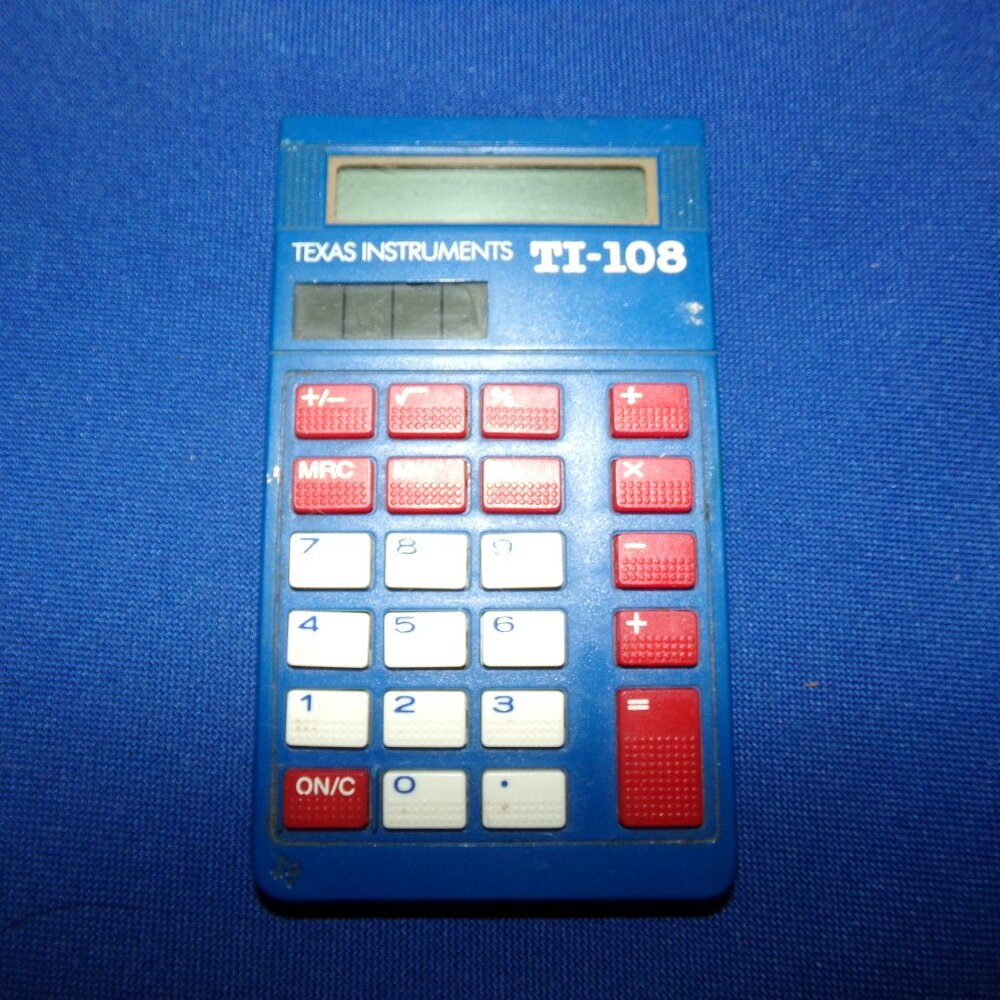 Vintage Texas Instruments TI-108 School Solar Calculator Blue Basic Math - Works